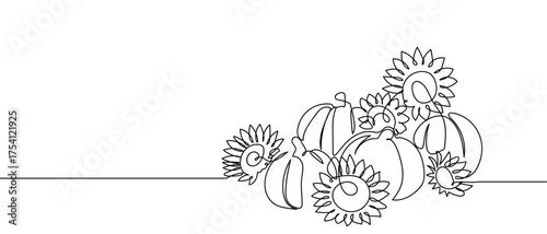 Pumpkin and sunflower continuous hand drawn doodle line art vector. Editable stroke.