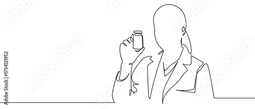 Doctor holding a bottle of medicine in his hand. Continuous hand drawn doodle line art vector. Editable stroke.