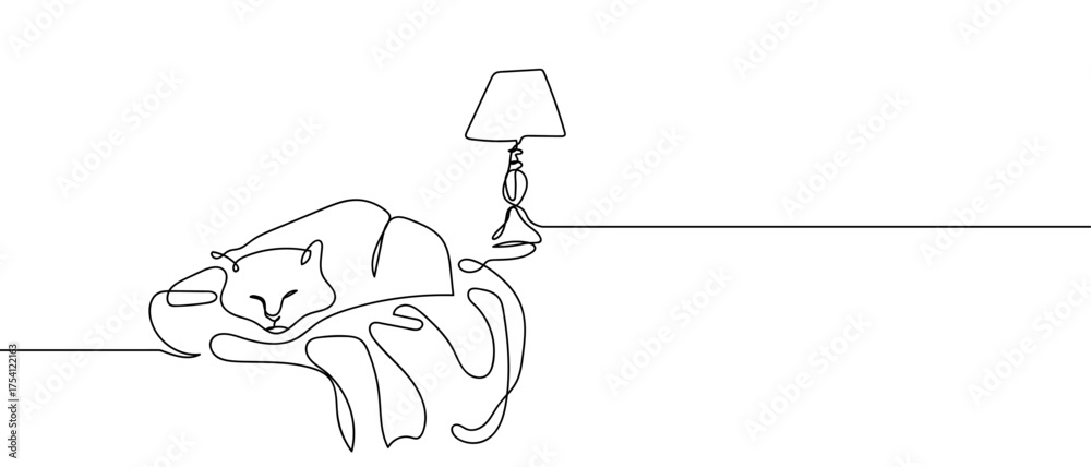 Fototapeta premium Cat sleeping and lamp. Continuous hand drawn doodle line art vector. Editable stroke.
