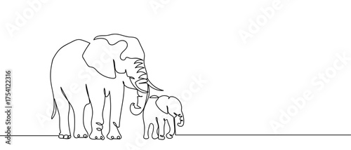 Herd of elephants, continuous hand drawn doodle line art vector, editable strokes.