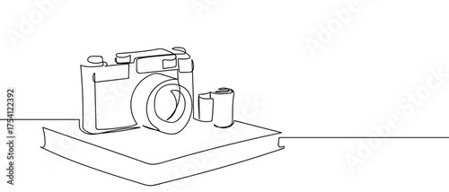 Film roll, film camera and book, continuous hand drawn doodle line art vector, editable strokes.