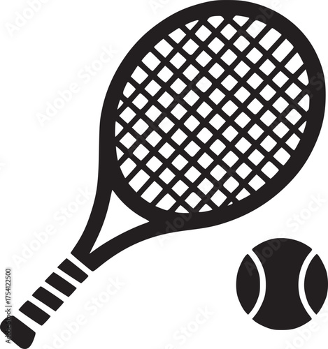A simple black and white illustration of a tennis racket and ball on a white background surface