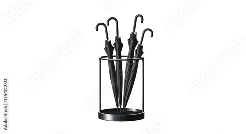 Elegant monochrome scene of multiple black umbrellas nestled in a sleek minimalist circular holder stands alone