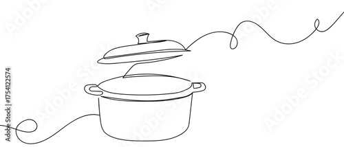 Cooking pot with lid open, continuous hand drawn doodle line art vector, editable stroke.