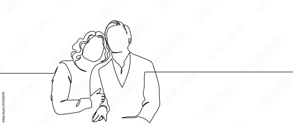 Fototapeta premium Couple leaning shoulder to shoulder, continuous hand drawn doodle line art vector, editable strokes.