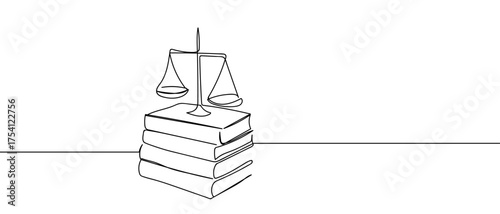 Scales placed on a pile of books. Continuous hand drawn doodle line art vector illustration. Editable stroke.