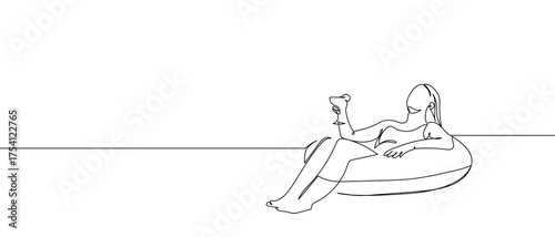 Woman sitting in a rubber ring floating in a pool. Continuous hand drawn doodle line art vector illustration. Editable stroke.
