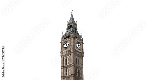 Detailed illustration showcasing London's iconic Big Ben clock tower on a plain background image for architectural or historical projects