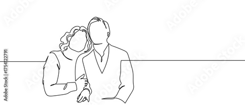 Couple leaning shoulder to shoulder, continuous hand drawn doodle line art vector, editable strokes.