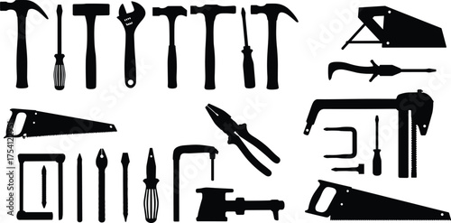 Hand tools silhouette collection, hammer, screwdriver, wrench, pliers, saw, hacksaw, clamp, utility knife, caliper, drill, staple gun, pipe wrench, workshop, construction
