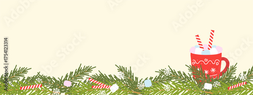 Christmas banner with fir tree branches and blue mug of hot cocoa with marshmallows and wafer rolls , New Years , empty space for insertion.