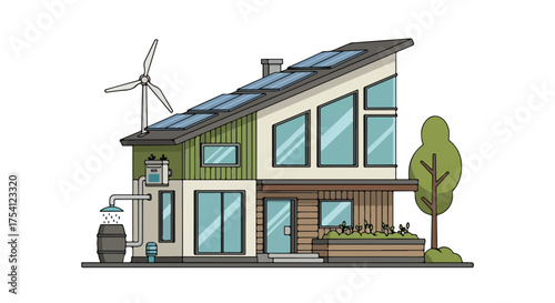 Illustration of a sustainable home with solar panels, wind turbine, and rainwater harvesting system portraying an eco-friendly lifestyle