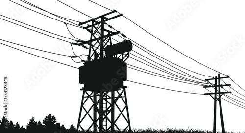 Silhouette of electrical transformer tower, high voltage power lines, rural utility poles, energy distribution grid, electricity infrastructure, industrial landscape,