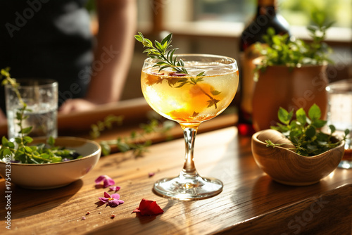 Botanical Infusion Cocktail in Crystal Glass with Fresh Garnish