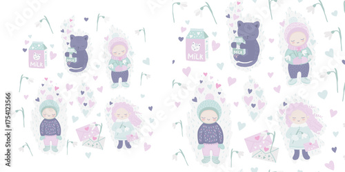 A set of springtime illustrations and seamless pattern for Valentine's Day featuring funny cute characters in love - a girl, a boy, and a cat - romantic story in a soft color palette.