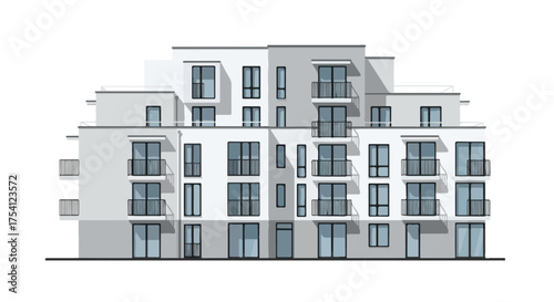 Stylish apartment complex with clean lines and minimalist architectural design featuring modern balconies and large windows offering bright urban