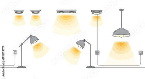 Assorted lighting fixtures vector illustration showcasing different types of light emission and electrical connections