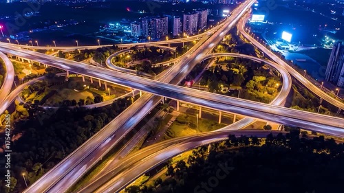 Lit, elevated highways weave through cityscape at night