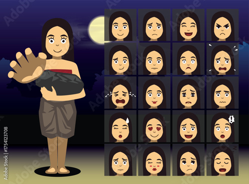 Thai Ghost Mae Nak Cartoon Emotion faces Vector Illustration