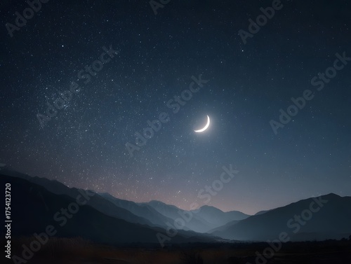 A tranquil night sky filled with countless stars and a glowing crescent moon above a quiet mountain valley captured with a dreamlike long exposure