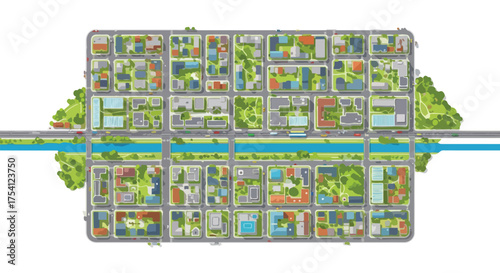 Detailed urban planning illustration showcasing residential areas and green spaces with a waterway crossing beneath a bridge design