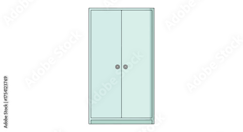 Illustration of a pastel blue wardrobe with double doors and round knobs, perfect for organizing clothes and storage inside home, isolated on a