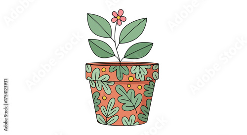 Delightful potted plant illustration featuring a single flower and leaf pattern adorning the container offering a touch of simplicity and elegance