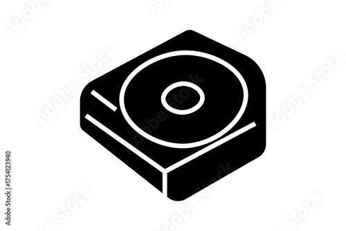 The image depicts a black and white flat design icon of a turntable or DJ mixer.