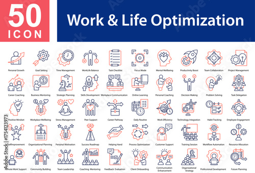Minimalist Work & Life Optimization Line Color icons set with editable stroke, featuring:  Personal Growth  ,Goal Setting  ,Time Management  ,Work-Life Balance  ,Task Checklist  ,Focus Mode 