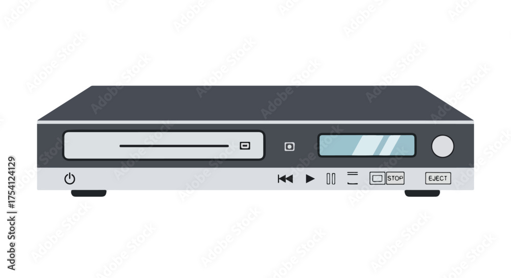 Fototapeta premium Isolated flat vector illustration of a modern dvd player showcasing multimedia technology and electronic entertainment equipment