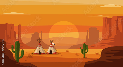 Native American Teepees in Desert Sunset Landscape
