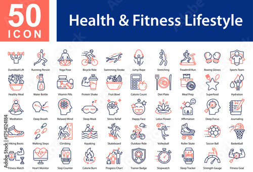 Minimalist Health & Fitness Lifestyle Line Color icons set with editable stroke, featuring: Dumbbell Lift  ,Running Person  ,Yoga Pose  ,Bicycle Ride  ,Swimming Stroke  ,Jump Rope  ,Stretching  