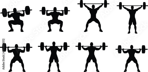Olympic weightlifting silhouettes, barbell clean and jerk, snatch, gym, fitness, strength training, bodybuilding, athlete, sports, exercise, professional illustration