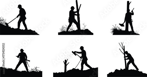 Silhouette worker chopping tree, lumberjack cutting wood, man with axe, forestry labor, logging process, timber harvesting, manual work, environmental concept
