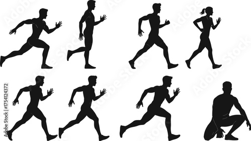 Running and crouching silhouettes, athlete sprint poses, sports, fitness, exercise, training, jogging, motion, biomechanics, health, lifestyle, professional illustration
