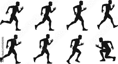 Running silhouettes, athlete sprint poses, sports, fitness, exercise, training, jogging, marathon, motion, biomechanics, health, lifestyle, professional illustration