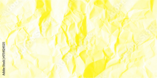 Yellow cmyk halftone wrinkled newspaper bg with circle dot pattern. Crumpled paper with duotone raster texture. Grainy vintage graphic. Vintage vector illustration