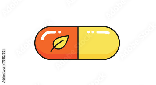 Illustration of a bright yellow and orange capsule with a leaf, representing natural health and wellness supplements, medication, or vitamins for