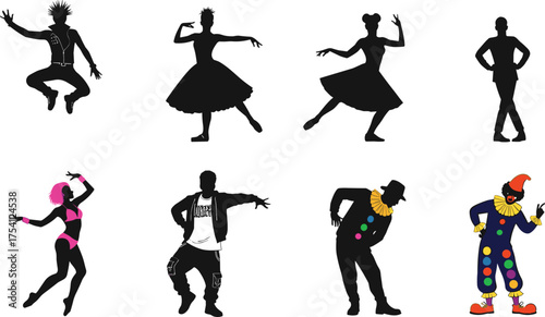 Dance and performance silhouettes, cultural expression, artistic movement, stage, lifestyle, entertainment, fashion, theater, clown, mime, ballet, hip‑hop illustration