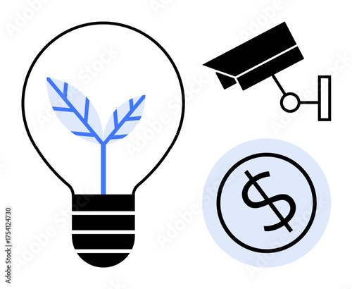 Lightbulb with sprouting leaves symbolizing eco-friendliness, surveillance camera for security, and dollar sign representing financial aspects. Ideal for sustainability, technology, economy
