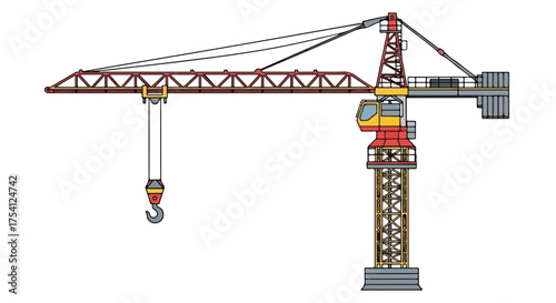 Illustrated construction crane showcasing mechanical engineering and architectural infrastructure components in red and yellow design