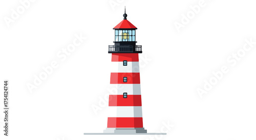 Striking cartoon depiction of a traditional red and white striped lighthouse against a white background illumination coast