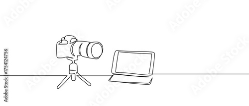 Camera and tablet, continuous hand drawn doodle line art vector, editable strokes.