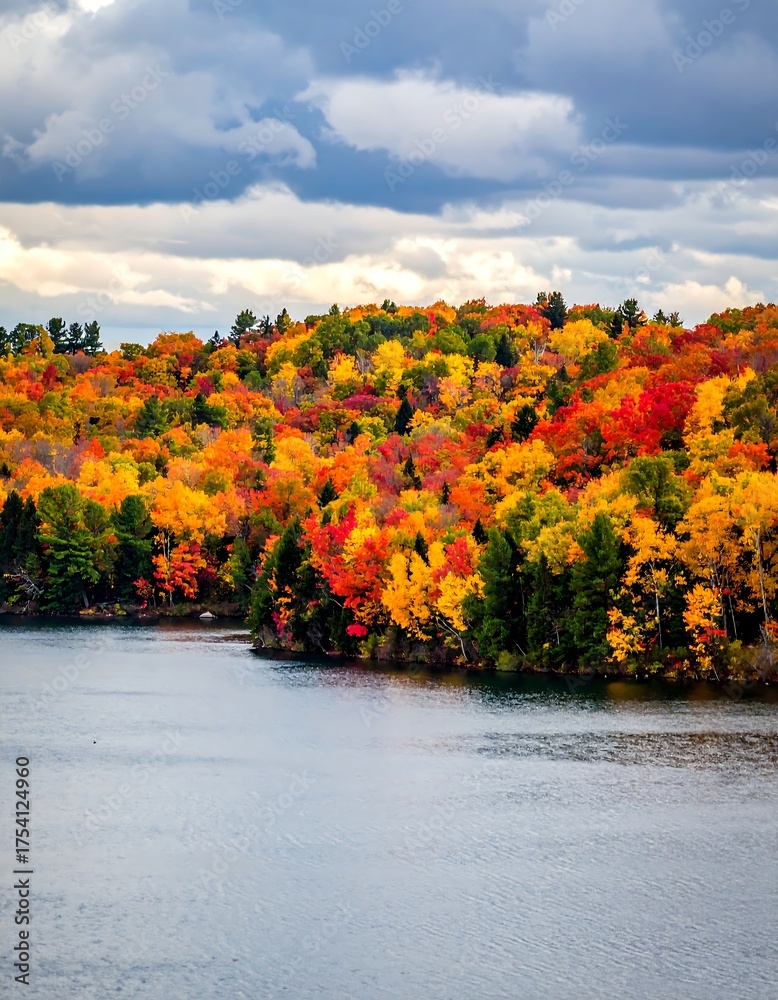 Obraz premium Vibrant autumn foliage covers the hillside, overlooking serene lake waters