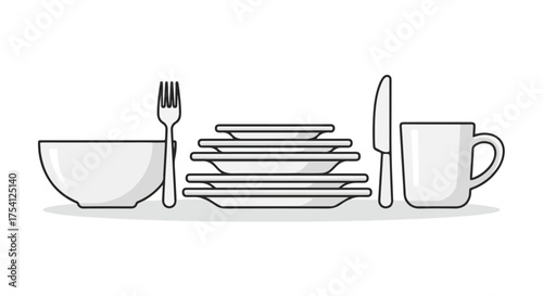 Minimalist kitchenware lineup: Clean outline illustration of bowl, cutlery, stack of plates, and mug against a white background showing simplicity