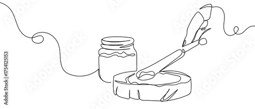 Jam spread on bread, continuous hand drawn doodle line art vector, editable stroke.