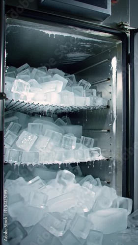 Plenty of clear ice cubes cascade from an automatic ice maker into a bin, filling with frosty coldness