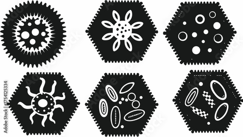 Detailed black and white diagram showcasing diverse microorganisms and cell structures for scientific study