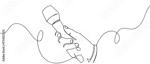 Hand holding a microphone, continuous hand drawn doodle line art vector, editable stroke.