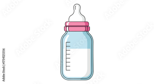 Stylized baby bottle illustration showing the design in soft pastel hues and simple lines,isolated against white backdrop, ideal for themes related